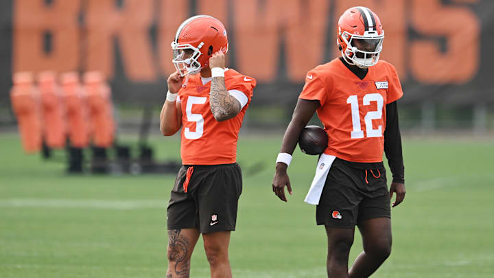 Jun 12, 2025; Berea, OH, USA; Cleveland Browns quarterback Dillon Gabriel (5) and quarterback Shedeur Sanders (12) during mini camp at CrossCountry Mortgage Campus. Mandatory Credit: Ken Blaze-Imagn Images