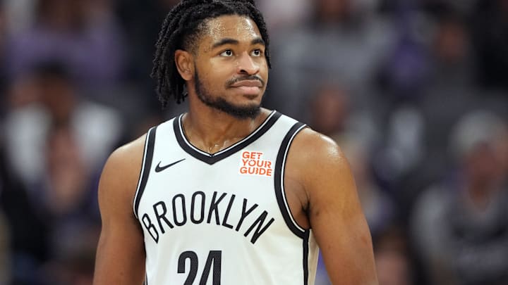Nov 24, 2024; Sacramento, California, USA; Brooklyn Nets guard Cam Thomas (24) during the first quarter against the Sacramento Kings at Golden 1 Center. Mandatory Credit: Darren Yamashita-Imagn Images