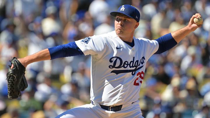 Oct 3, 2026; Los Angeles, California, USA;  Los Angeles Dodgers pitcher Tarik Skubal (29) throws during the third inning of game one of the NLDS against the Atlanta Braves for the 2026 MLB Playoffs at Uniqlo Field at Dodger Stadium.  Mandatory Credit: Jayne Kamin-Oncea-Imagn Images