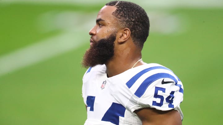 Dec 13, 2020; Paradise, Nevada, USA; Indianapolis Colts linebacker Anthony Walker (54) against the Las Vegas Raiders at Allegiant Stadium. Mandatory Credit: Mark J. Rebilas-Imagn Images