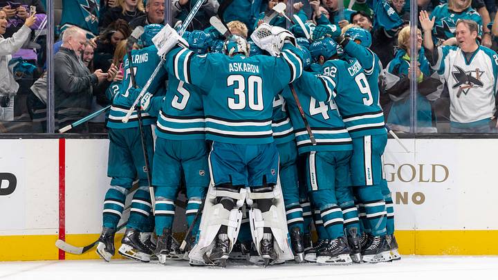 Oct 1, 2026; San Jose, California, USA;  The San Jose Sharks celebrate their overtime victory against the Florida Panthers at SAP Center at San Jose.  Mandatory Credit: Bob Kupbens-Imagn Images