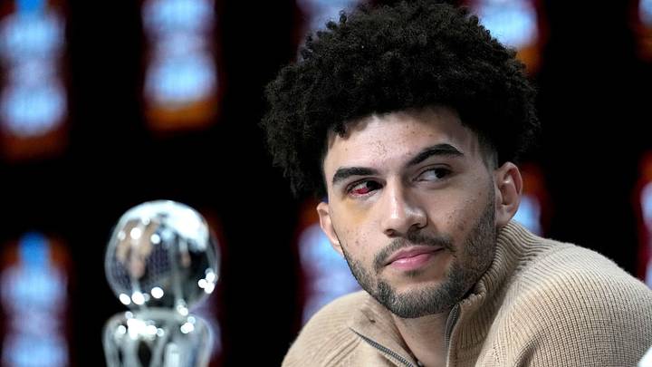 Apr 4, 2026; Indianapolis, IN, USA; Duke Blue Devils forward Cameron Boozer is awarded the Oscar Robertson Player of the Year Award presented by the US Basketball Writers Association and the Associated Press during the men's 2026 NCAA Tournament at Lucas Oil Stadium. Mandatory Credit: Bob Donnan-Imagn Images