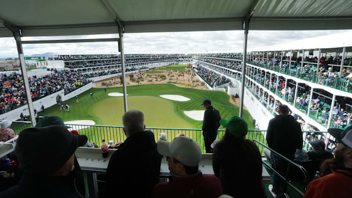 A view from a box behind the famous 16th green at TPC Scottsdale during the 2024 WM Phoenix Open. A view from a box behind the famous 16th green at TPC Scottsdale during the 2024 WM Phoenix Open.
