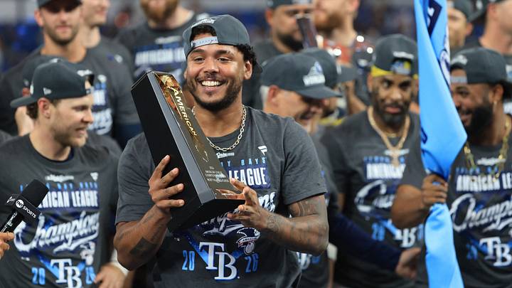 Oct 19, 2026; St. Petersburg, Florida, USA; Tampa Bay Rays pitcher Freddy Peralta (51) reacts after defeating the Cleveland Guardians in game six of the ALCS to advance to the World Series for the 2026 MLB Playoffs at Tropicana Field. Mandatory Credit: Kim Klement Neitzel-Imagn Images Oct 19, 2026; St. Petersburg, Florida, USA; Tampa Bay Rays pitcher Freddy Peralta (51) reacts after defeating the Cleveland Guardians in game six of the ALCS to advance to the World Series for the 2026 MLB Playoffs at Tropicana Field. Mandatory Credit: Kim Klement Neitzel-Imagn Images