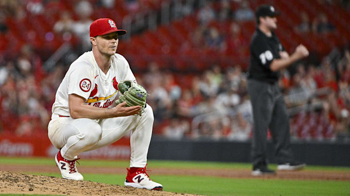 Sep 18, 2024; St. Louis, Missouri, USA; St. Louis Cardinals starting pitcher Sonny Gray (54) reacts after third baseman Nolan Arenado (not pictured) completed an inning ending double play against the Pittsburgh Pirates during the third inning at Busch Stadium. Mandatory Credit: Jeff Curry-Imagn Images Sep 18, 2024; St. Louis, Missouri, USA; St. Louis Cardinals starting pitcher Sonny Gray (54) reacts after third baseman Nolan Arenado (not pictured) completed an inning ending double play against the Pittsburgh Pirates during the third inning at Busch Stadium. Mandatory Credit: Jeff Curry-Imagn Images