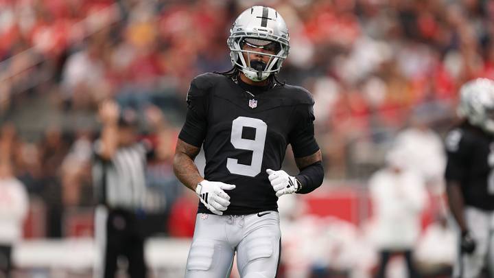 Oct 4, 2026; Paradise, Nevada, USA; Las Vegas Raiders wide receiver Jalen Nailor (9) prepares to line up before a play against the Kansas City Chiefs at Allegiant Stadium. Mandatory Credit: David Brytus-Imagn Images