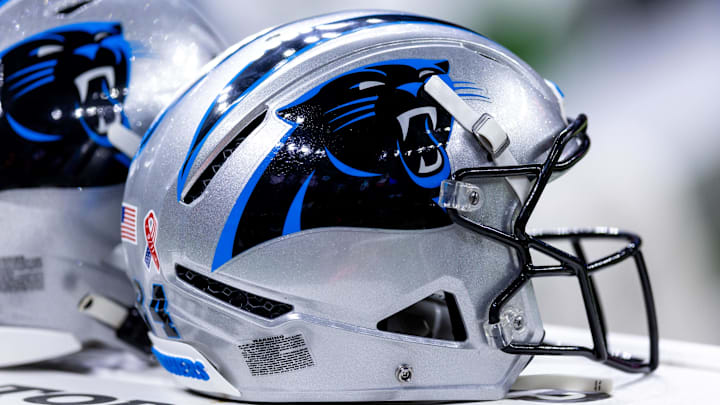 Sep 8, 2024; New Orleans, Louisiana, USA;  Detailed view of the Carolina Panthers helmet against the New Orleans Saints during the pregame at Caesars Superdome. Mandatory Credit: Stephen Lew-Imagn Images