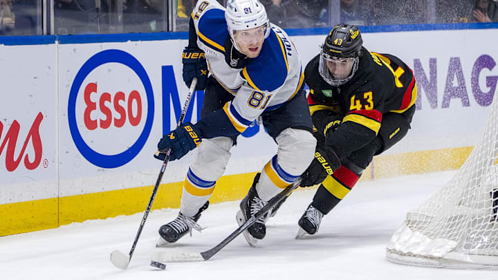 Dec 10, 2024; Vancouver, British Columbia, CAN; Vancouver Canucks defenseman Quinn Hughes (43) stick checks St. Louis Blues forward Dylan Holloway (81) during the third period at Rogers Arena. Mandatory Credit: Bob Frid-Imagn Images