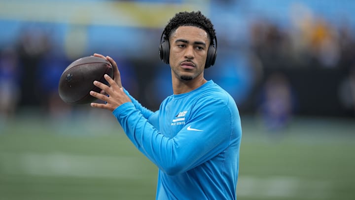 Jan 10, 2026; Charlotte, NC, USA; Carolina Panthers quarterback Bryce Young (9) during pregame warm ups before the NFC Wild Card Round game between the Carolina Panthers and the Los Angeles Rams at Bank of America Stadium. Mandatory Credit: Jim Dedmon-Imagn Images