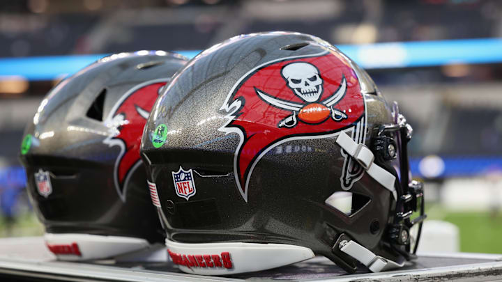 Nov 23, 2025; Inglewood, California, USA; Tampa Bay Buccaneers football helmets are seen on the sideline before the game against the Los Angeles Rams at SoFi Stadium. Mandatory Credit: Kiyoshi Mio-Imagn Images