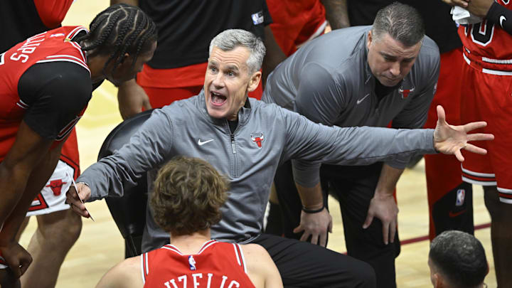 Oct 8, 2024; Cleveland, Ohio, USA; Chicago Bulls head coach Billy Donovan reacts in the fourth quarter against the Cleveland Cavaliers at Rocket Mortgage FieldHouse. Mandatory Credit: David Richard-Imagn Images