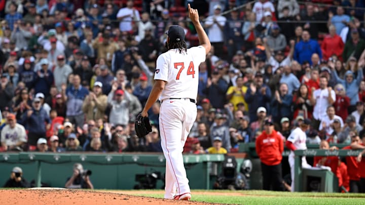 Boston, Massachusetts, USA; Boston Red Sox pitcher Kenley Jansen (74) reacts to defeating the Minnesota Twins at Fenway Park.