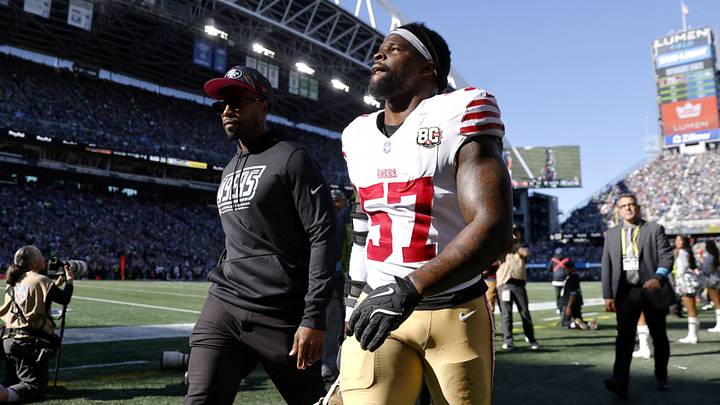 Oct 11, 2026; Seattle, Washington, USA;  San Francisco 49ers linebacker Dre Greenlaw (57) leaves the field after a game against the Seattle Seahawks at Lumen Field.  Mandatory Credit: Joe Nicholson-Imagn Images