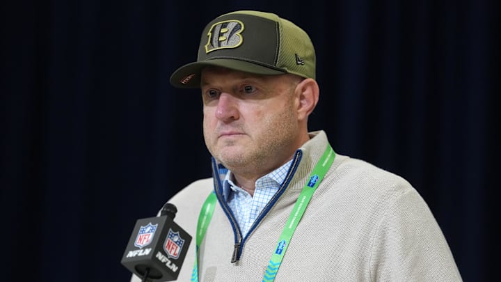 Feb 24, 2026; Indianapolis, IN, USA; Cincinnati Bengals general manager Duke Tobin speaks at the NFL Scouting Combine at the Indiana Convention Center. Mandatory Credit: Kirby Lee-Imagn Images