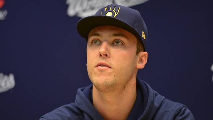 Oct 22, 2026; Milwaukee, WI, USA;  Milwaukee Brewers starting pitcher Jacob Misiorowski (32) speaks during a workout session before the 2026 World Series.  Mandatory Credit: Benny Sieu-Imagn Images