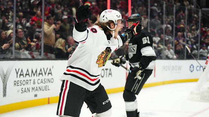 Nov 2, 2024; Los Angeles, California, USA; Chicago Blackhawks left wing Tyler Bertuzzi (59) celebrates after scoring a goal against the LA Kings in the third period at Crypto.com Arena. Mandatory Credit: Kirby Lee-Imagn Images