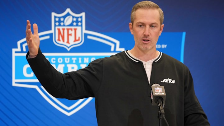 Feb 25, 2025; Indianapolis, IN, USA; New York Jets general manager Darren Mougey speaks during the NFL Scouting Combine at the Indiana Convention Center.