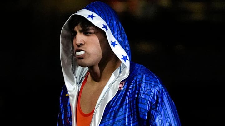 Zahid Valencia takes the mat ahead of a 92-kilogram exhibition match against Trent Hidlay at the “FloWrestling Night in America” event Wednesday, Feb. 26, 2025 at Xtream Arena in Coralville, Iowa. Zahid Valencia takes the mat ahead of a 92-kilogram exhibition match against Trent Hidlay at the “FloWrestling Night in America” event Wednesday, Feb. 26, 2025 at Xtream Arena in Coralville, Iowa.