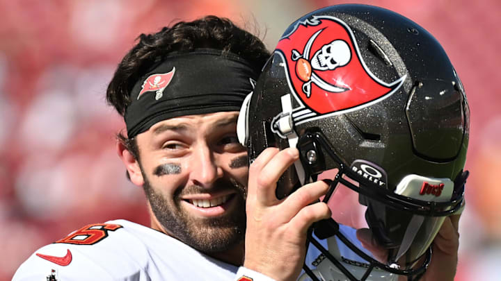 Oct 12, 2025; Tampa, Florida, USA; Tampa Bay Buccaneers quarterback Baker Mayfield (6) prepares to warm up before the start of the game  against the San Francisco 49ers at Raymond James Stadium. Mandatory Credit: Jonathan Dyer-Imagn Images