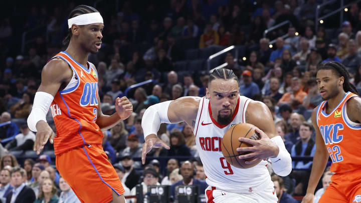 Feb 27, 2024; Oklahoma City, Oklahoma, USA; Houston Rockets forward Dillon Brooks (9) drives to the