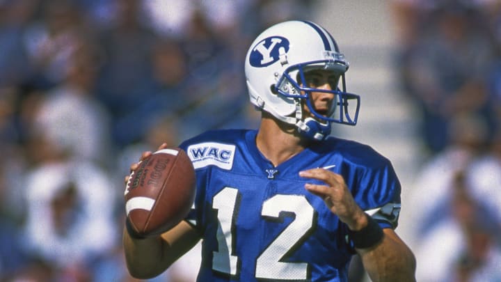 Aug 24, 1996; Provo, UT, USA, FILE PHOTO; BYU Cougars quarterback Steve Sarkisian (12) looks to throw against the Texas A&M Aggies at LaVell Edwards Stadium. Mandatory Credit: Peter Brouillet-USA TODAY NETWORK