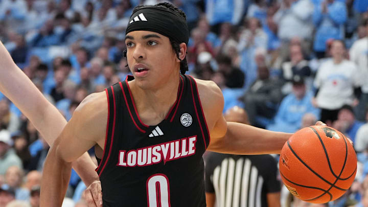 Feb 23, 2026; Chapel Hill, North Carolina, USA; Louisville Cardinals guard Mikel Brown Jr. (0) with the ball in the first half at Dean E. Smith Center. Mandatory Credit: Bob Donnan-Imagn Images Feb 23, 2026; Chapel Hill, North Carolina, USA; Louisville Cardinals guard Mikel Brown Jr. (0) with the ball in the first half at Dean E. Smith Center. Mandatory Credit: Bob Donnan-Imagn Images