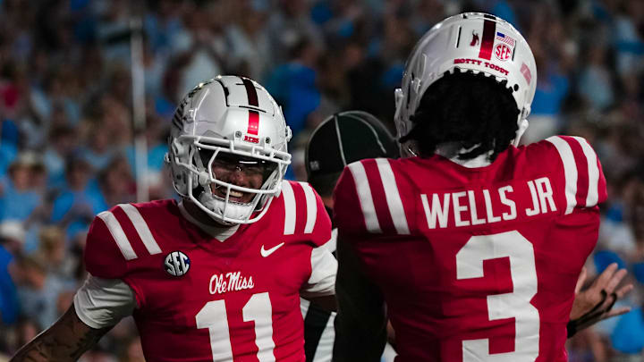Ole Miss Rebels wide receivers Jordan Watkins (11) and Juice Wells (3) Ole Miss Rebels wide receivers Jordan Watkins (11) and Juice Wells (3)