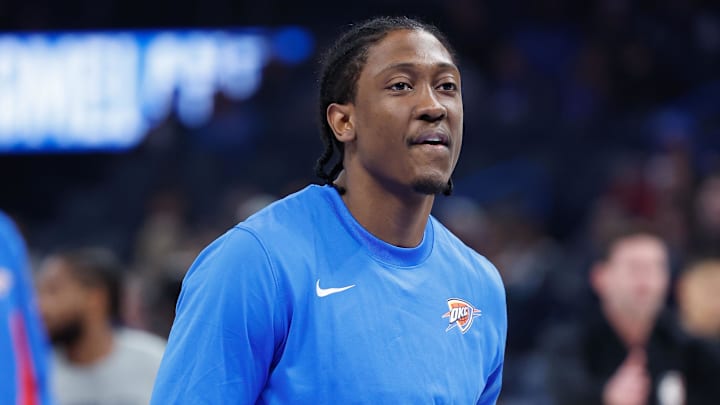 Jan 2, 2024; Oklahoma City, Oklahoma, USA; Oklahoma City Thunder forward Jalen Williams (8) warms up before the start of a game against the Boston Celtics at Paycom Center. Mandatory Credit: Alonzo Adams-Imagn Images