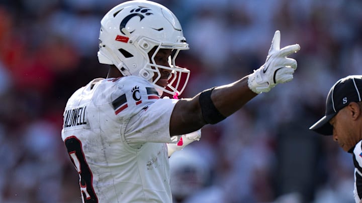Cincinnati Bearcats wide receiver Jeff Caldwell (9) gestures after getting a first down in the third quarter of the NCAA football game between the Cincinnati Bearcats and Bowling Green Falcons at Nippert Stadium in Cincinnati on Sept. 6, 2025.