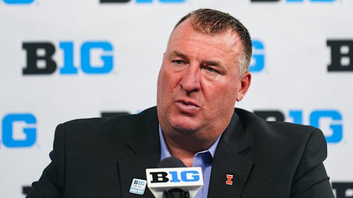 Jul 26, 2023; Indianapolis, IN, USA; Illinois Fighting Illini head coach Bret Bielema speaks to the media during the Big 10 football media day at Lucas Oil Stadium. Mandatory Credit: Robert Goddin-Imagn Images