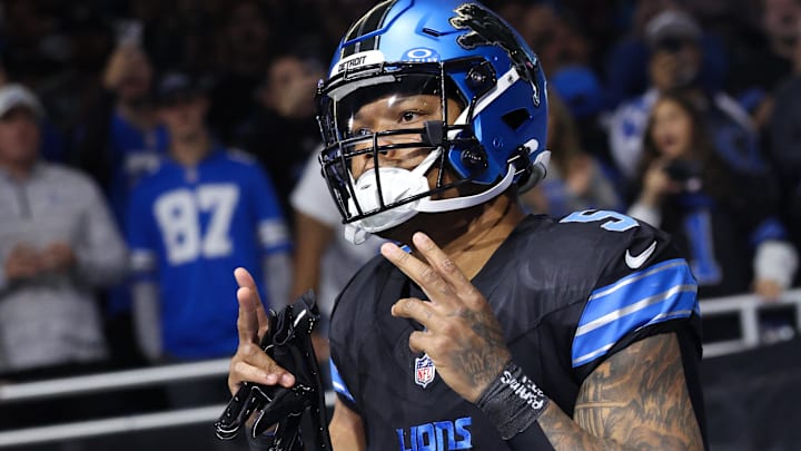 Nov 23, 2025; Detroit, Michigan, USA; Detroit Lions running back David Montgomery (5) enters the field before the game against the New York Giants at Ford Field.