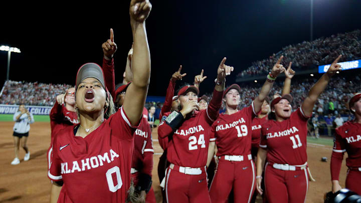 Oklahoma celebrates following Game 2 of the NCAA softball Women's College World Series Championship Series game between the Oklahoma Sooners and Texas Longhorns at Devon Park in Oklahoma City, Thursday, June, 6, 2024.