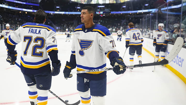 Oct 8, 2024; Seattle, Washington, USA;  St. Louis Blues right wing Mathieu Joseph (71) looks on during warm ups before the game against the Seattle Kraken at Climate Pledge Arena. Mandatory Credit: Caean Couto-Imagn Images