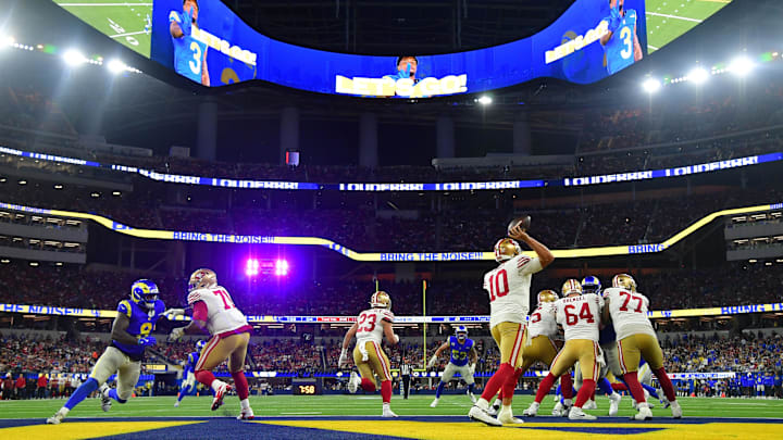Oct 2, 2025; Inglewood, California, USA; San Francisco 49ers quarterback Mac Jones (10) drops back to pass against the Los Angeles Rams during the second half at SoFi Stadium. Mandatory Credit: Gary A. Vasquez-Imagn Images