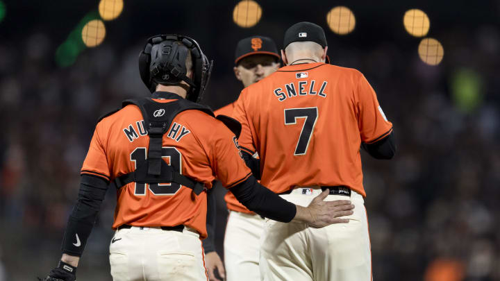Apr 19, 2024; San Francisco, California, USA; San Francisco Giants catcher Tom Murphy (19) and pitcher Blake Snell (7) talk before the pitch against the Arizona Diamondbacks during the fourth inning at Oracle Park Apr 19, 2024; San Francisco, California, USA; San Francisco Giants catcher Tom Murphy (19) and pitcher Blake Snell (7) talk before the pitch against the Arizona Diamondbacks during the fourth inning at Oracle Park