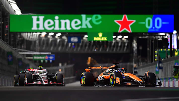 Nov 23, 2024; Las Vegas, Nevada, USA; McLaren Team driver Oscar Piastri (81) leads Haas F1 driver Nico Hulkenberg (27) during the Las Vegas Grand Prix at Las Vegas Circuit. Mandatory Credit: Gary A. Vasquez-Imagn Images Nov 23, 2024; Las Vegas, Nevada, USA; McLaren Team driver Oscar Piastri (81) leads Haas F1 driver Nico Hulkenberg (27) during the Las Vegas Grand Prix at Las Vegas Circuit. Mandatory Credit: Gary A. Vasquez-Imagn Images