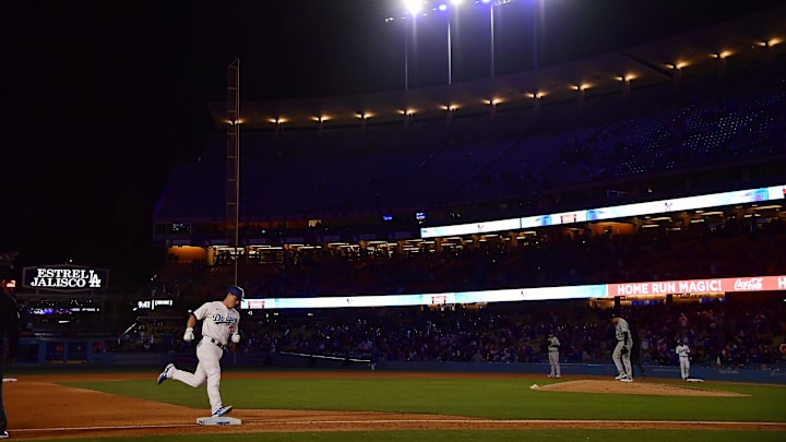 Apr 3, 2023; Los Angeles, California, USA; Los Angeles Dodgers catcher Will Smith (16) rounds the