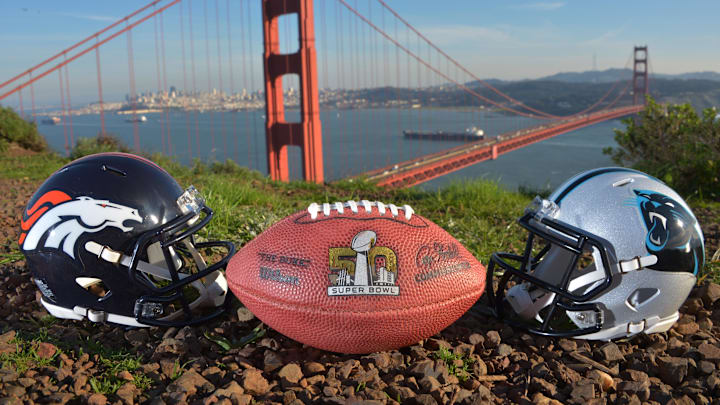 General view of Carolina Panthers and Denver Broncos helmets and NFL Wilson Super Bowl 50 Duke football