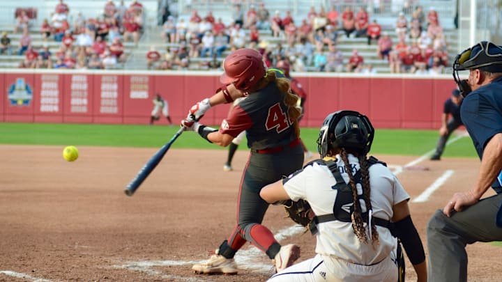 Oklahoma infielder Gabbie Garcia hits a ball against Alabama State.