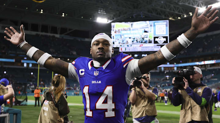 Jan 7, 2024; Miami Gardens, Florida, USA; former Buffalo Bills wide receiver Stefon Diggs (14) reacts after the game against the Miami Dolphins at Hard Rock Stadium. 