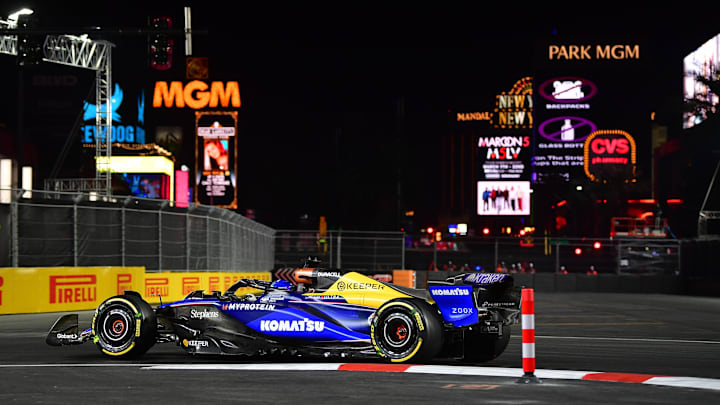 Nov 21, 2024; Las Vegas, Nevada, USA; Williams Racing driver Alex Albon (23) during practice for the Las Vegas Grand Prix at Las Vegas Circuit. Mandatory Credit: Gary A. Vasquez-Imagn Images