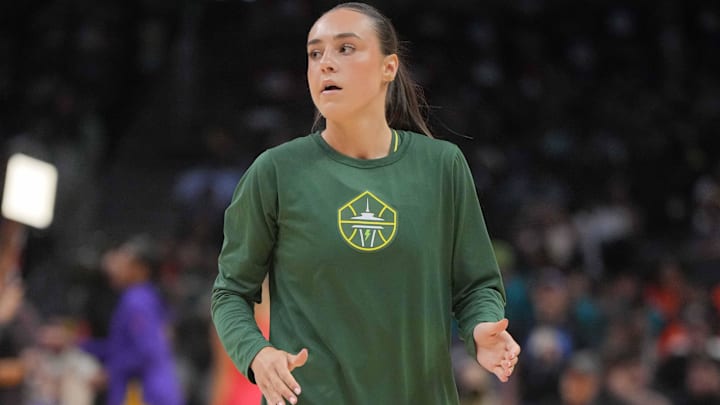 Jul 16, 2024; Los Angeles, California, USA; Seattle Storm guard Nika Muhl during the game against the LA Sparks at Crypto.com Arena. Jul 16, 2024; Los Angeles, California, USA; Seattle Storm guard Nika Muhl during the game against the LA Sparks at Crypto.com Arena.
