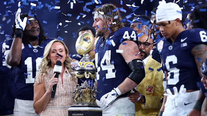 Dec 31, 2024; Glendale, AZ, USA; Penn State Nittany Lions tight end Tyler Warren (44) reacts after being named the offensive MVP for the game against the Boise State Broncos in the Fiesta Bowl at State Farm Stadium. Mandatory Credit: Mark J. Rebilas-Imagn Images Dec 31, 2024; Glendale, AZ, USA; Penn State Nittany Lions tight end Tyler Warren (44) reacts after being named the offensive MVP for the game against the Boise State Broncos in the Fiesta Bowl at State Farm Stadium. Mandatory Credit: Mark J. Rebilas-Imagn Images