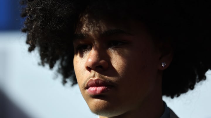 Jun 26, 2024; Brooklyn, NY, USA; Kyshawn George arrives before the first round of the 2024 NBA Draft at Barclays Center. Mandatory Credit: Brad Penner-USA TODAY Sports Jun 26, 2024; Brooklyn, NY, USA; Kyshawn George arrives before the first round of the 2024 NBA Draft at Barclays Center. Mandatory Credit: Brad Penner-USA TODAY Sports