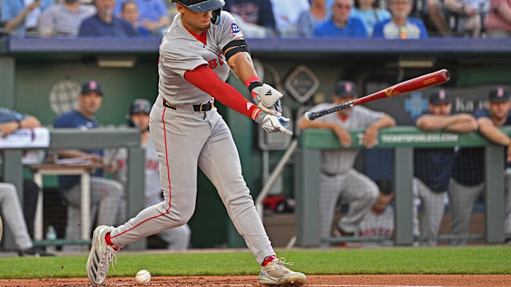 May 10, 2025; Kansas City, Missouri, USA; Boston Red Sox second baseman Kristian Campbell (28) losses his bat swinging at a pitch in the first inning against the Kansas City Royals at Kauffman Stadium. Mandatory Credit: Peter Aiken-Imagn Images May 10, 2025; Kansas City, Missouri, USA; Boston Red Sox second baseman Kristian Campbell (28) losses his bat swinging at a pitch in the first inning against the Kansas City Royals at Kauffman Stadium. Mandatory Credit: Peter Aiken-Imagn Images