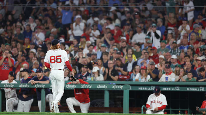 Aug 6, 2025; Boston, Massachusetts, USA; Boston Red Sox starting pitcher Dustin May (85) walks off the field during the fourth inning against the Kansas City Royals at Fenway Park. Mandatory Credit: Paul Rutherford-Imagn Images Aug 6, 2025; Boston, Massachusetts, USA; Boston Red Sox starting pitcher Dustin May (85) walks off the field during the fourth inning against the Kansas City Royals at Fenway Park. Mandatory Credit: Paul Rutherford-Imagn Images