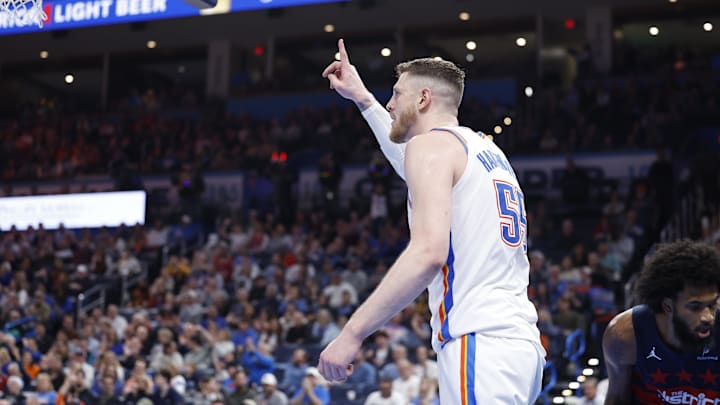 Dec 23, 2024; Oklahoma City, Oklahoma, USA; Oklahoma City Thunder center Isaiah Hartenstein (55) gestures after a play against the Washington Wizards during the second half at Paycom Center. Mandatory Credit: Alonzo Adams-Imagn Images