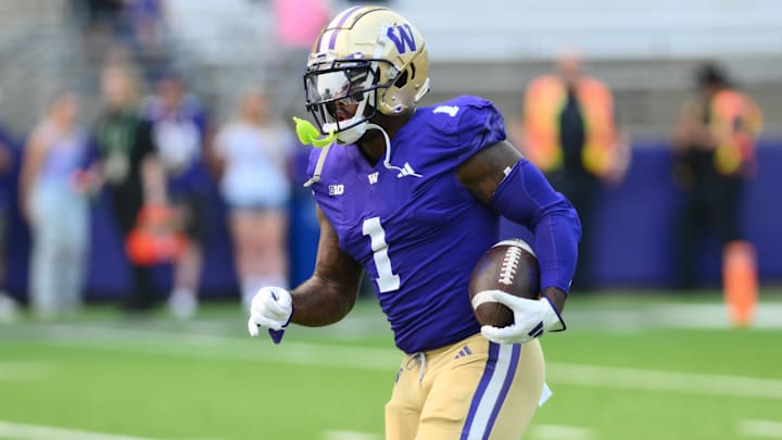 Washington Huskies running back Jonah Coleman (1) during warmups before the game against the Eastern Michigan Eagles at Alaska Airlines Field at Husky Stadium. 