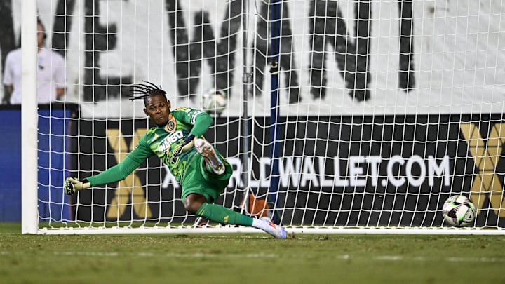 Aug 4, 2024; Chester, Pennsylvania, USA; Philadelphia Union goalkeeper Andre Blake (18) allows a penalty kick goal against Cruz Azul in overtime at Subaru Park. Mandatory Credit: Kyle Ross-USA TODAY Sports