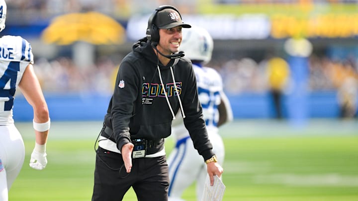 Oct 19, 2025; Inglewood, California, USA; Indianapolis Colts head coach Shane Steichen celebrates a touchdown in the first half against the Los Angeles Chargers at SoFi Stadium. Mandatory Credit: Jayne Kamin-Oncea-Imagn Images Oct 19, 2025; Inglewood, California, USA; Indianapolis Colts head coach Shane Steichen celebrates a touchdown in the first half against the Los Angeles Chargers at SoFi Stadium. Mandatory Credit: Jayne Kamin-Oncea-Imagn Images